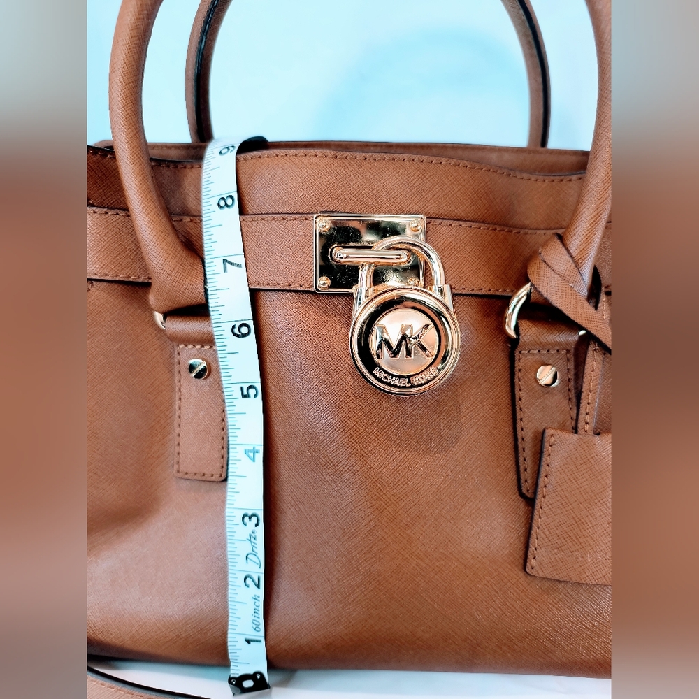 MICHAEL KORS Cognac Hamilton Saffiano Leather Satchel with Gold-Tone Chain Strap - Picture 14 of 16
